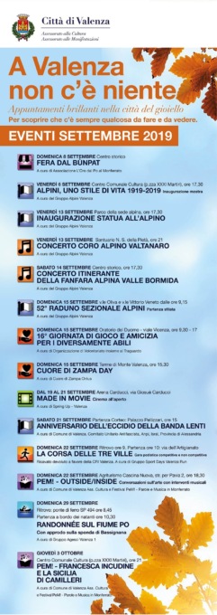 Settembre 2019: un mese ricco di eventi a Valenza