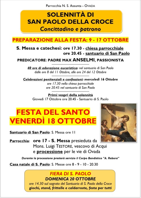 Ovada, al via oggi la novena di S. Paolo della Croce