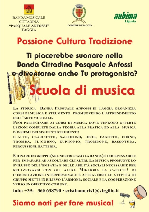 Banda Musicale Pasquale Anfossi organizza corsi di strumento a Taggia