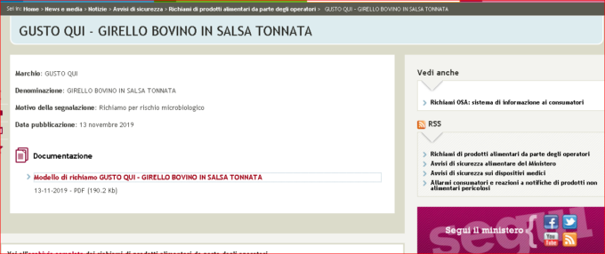 Rischio Listeria in un lotto di Girello Bovino in Salsa Tonnata