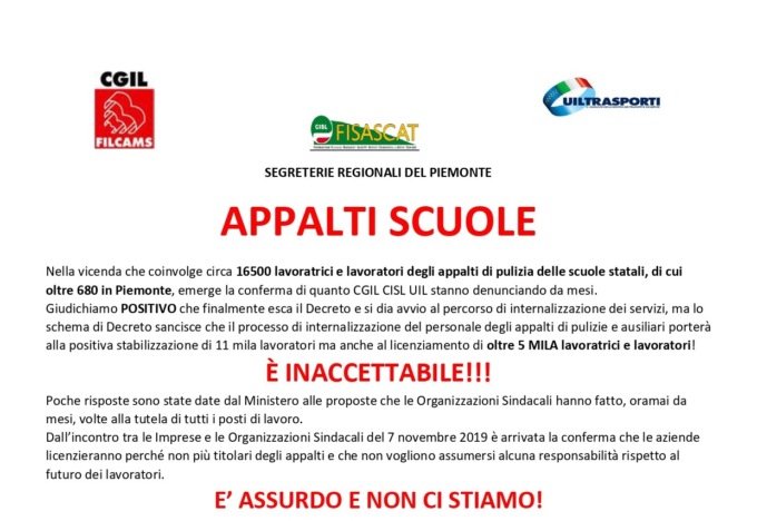 Torino, giovedì presidio regionale per gli appalti scuole