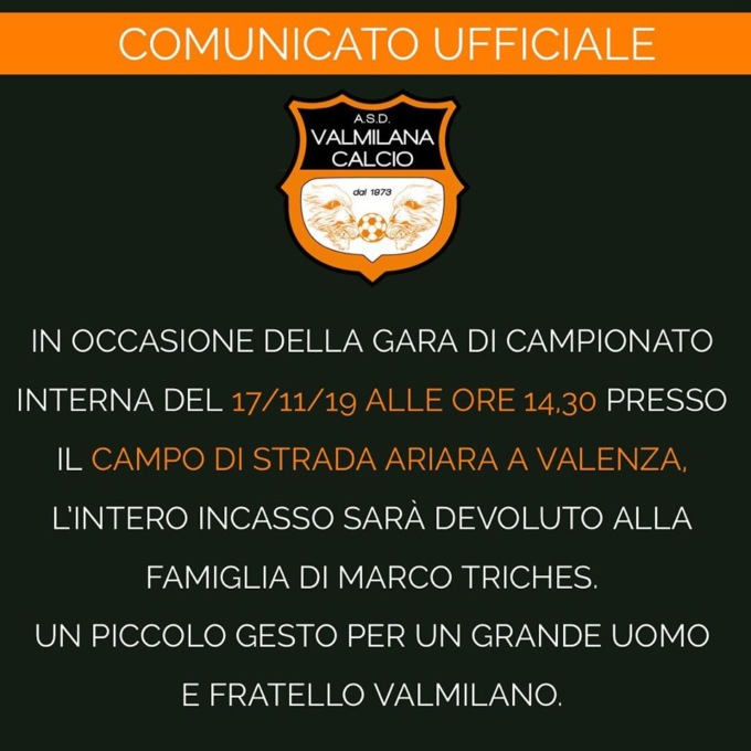 Valmilana Calcio, incasso partita alla famiglia di Marco Triches