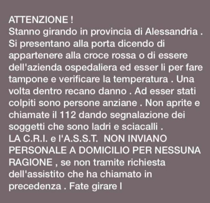 Coronavirus: attenzione alle false visite a domicilio