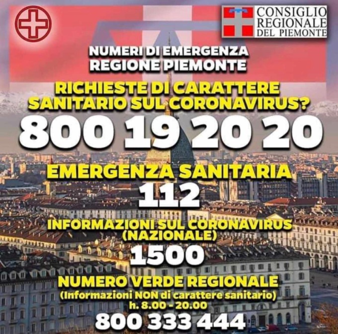 Coronavirus, nuovo numero verde Piemonte 800 19 20 20