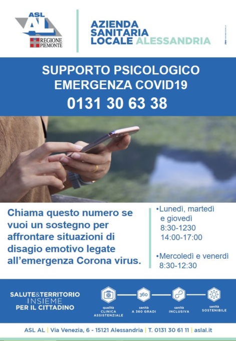 Da lunedì 16 attivo il numero di supporto psicologico dell’ASL AL per emergenza Coronavirus