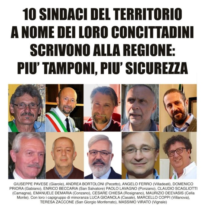 Sindaci del Monferrato scrivono a Cirio: “Servono più tamponi”