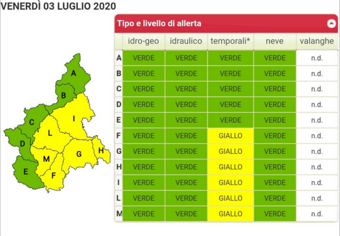 Allerta gialla in parte del Piemonte, anche nell’Alessandrino
