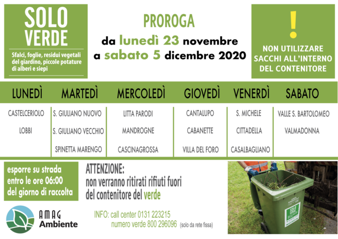 AMAG Ambiente: proroga della raccolta del verde nei sobborghi di Alessandria