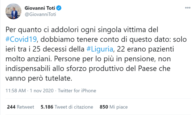 Bufera sul tweet di Toti, la risposta del presidente della Regione Liguria