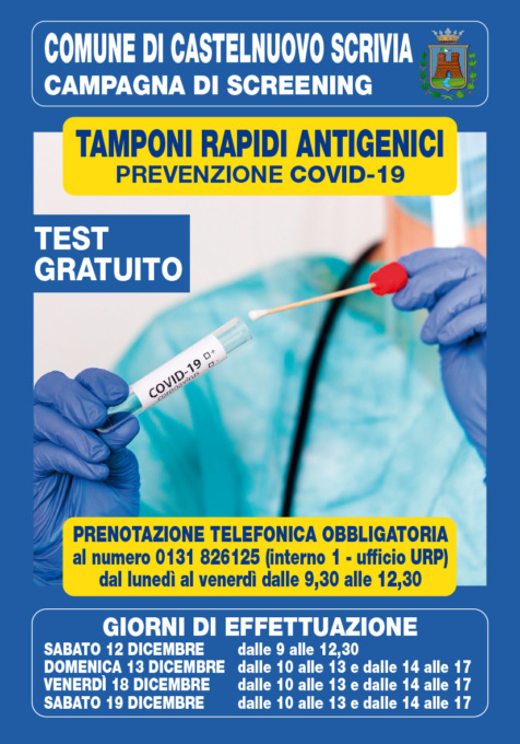 Castelnuovo Scrivia: prenotazioni aperte per tamponi rapidi gratuiti