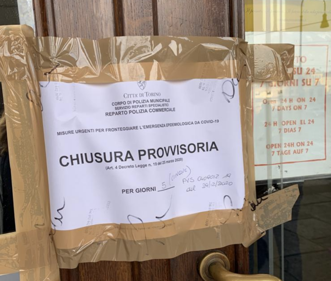 Torino: bar chiuso 5 giorni per violazione norme anti-Covid