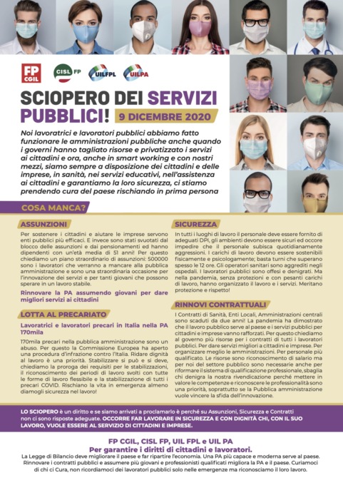 Il 9 dicembre sciopero nazionale e unitario del settore pubblico