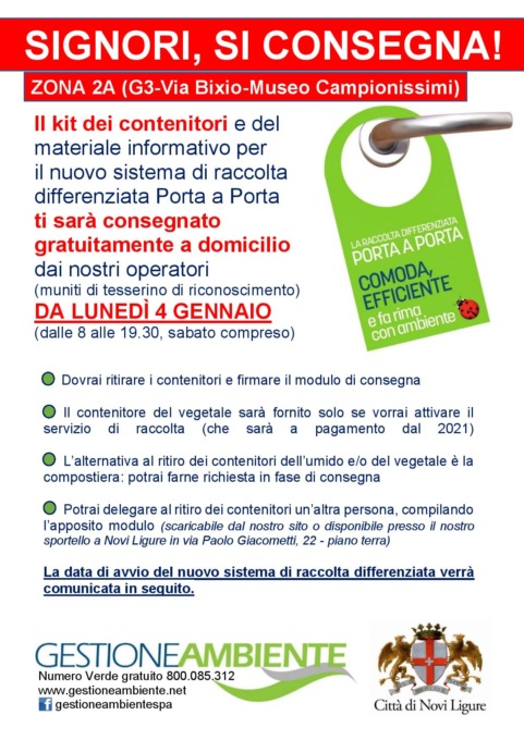 Novi Ligure, raccolta rifiuti porta a porta: consegna contenitori nella zona 2a e avvio zona 2b