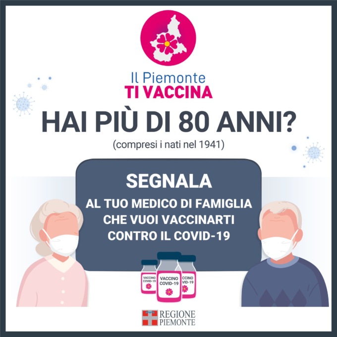 Piemonte, campagna vaccinazione anti Covid-19, dal 15 febbraio tocca a ultra 80enni e personale scuola