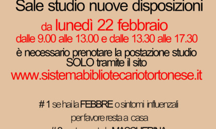 Tortona, da lunedì 22 riapre la sala studio della Biblioteca Civica