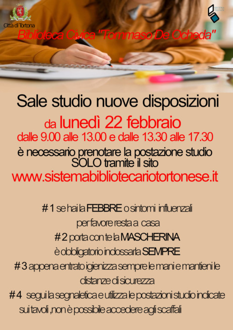 Tortona, da lunedì 22 riapre la sala studio della Biblioteca Civica