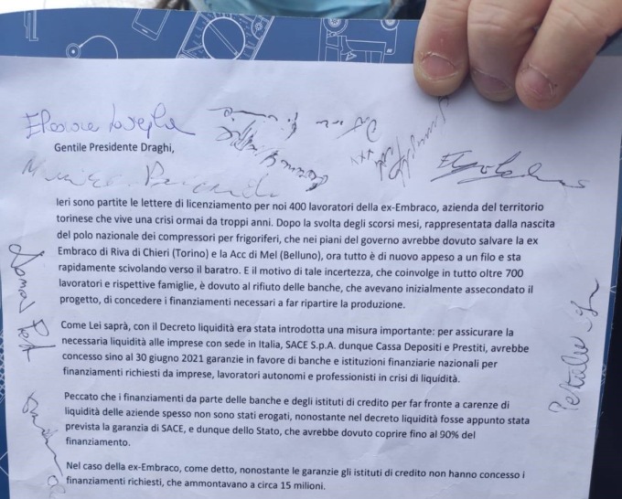 Ex Embraco, lavoratori scrivono a Draghi: l’appello a intervenire con prontezza