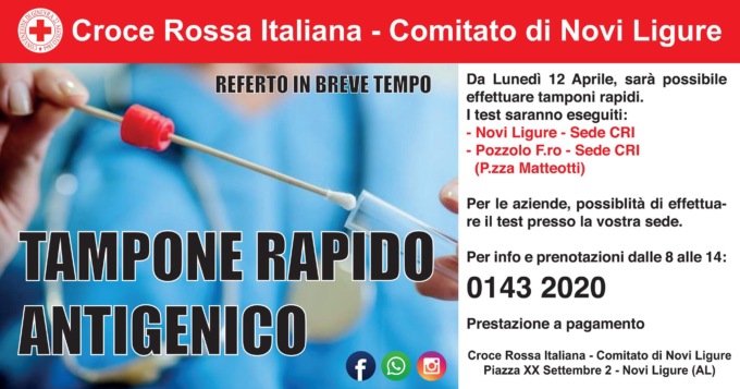 Croce Rossa: da lunedì 12 tamponi rapidi nelle sedi di Novi e Pozzolo