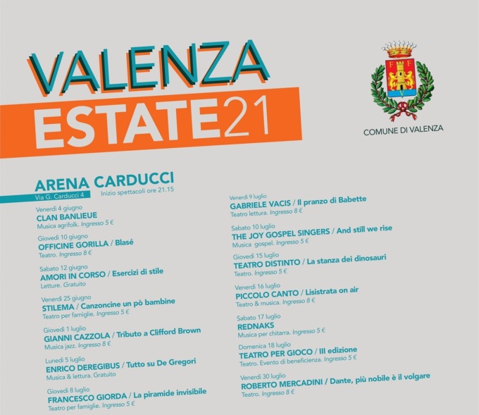 Valenza Estate21: in città ripartono cultura e spettacolo con un cartellone all’aperto tra Arena Carducci, Piazza Gramsci e Viale Oliva