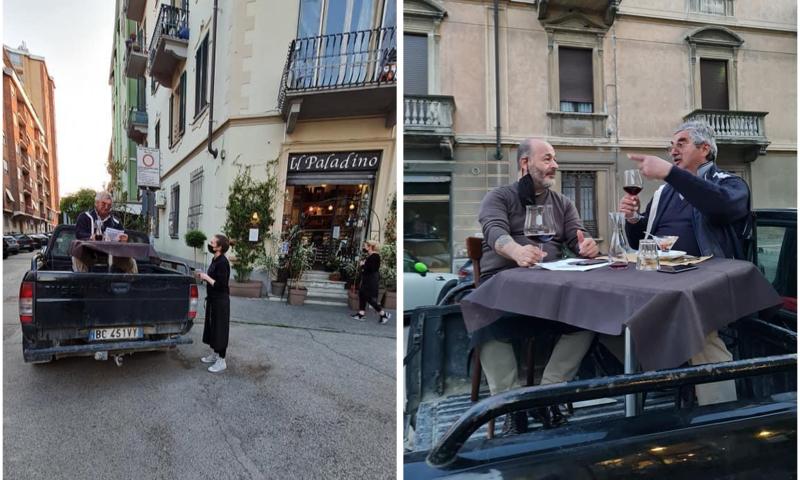 Obbligato a rimuovere il giardino esterno davanti al locale, serve un suo cliente… sopra un pick-up