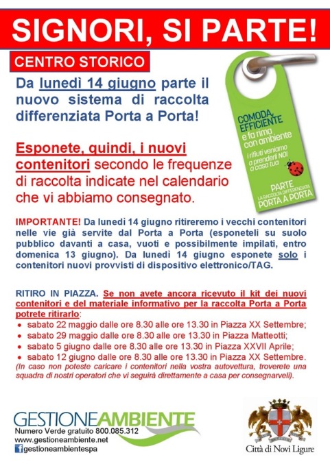Novi Ligure, nuovo sistema di raccolta rifiuti “porta a porta” nel centro storico