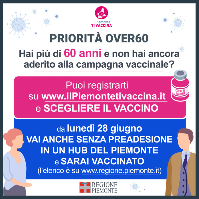 Vaccini, Piemonte: priorità agli over 60 anche senza preadesione