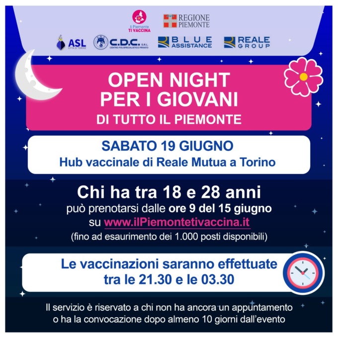 Vaccini, Piemonte: il 19 giugno, open night per la fascia 18-28