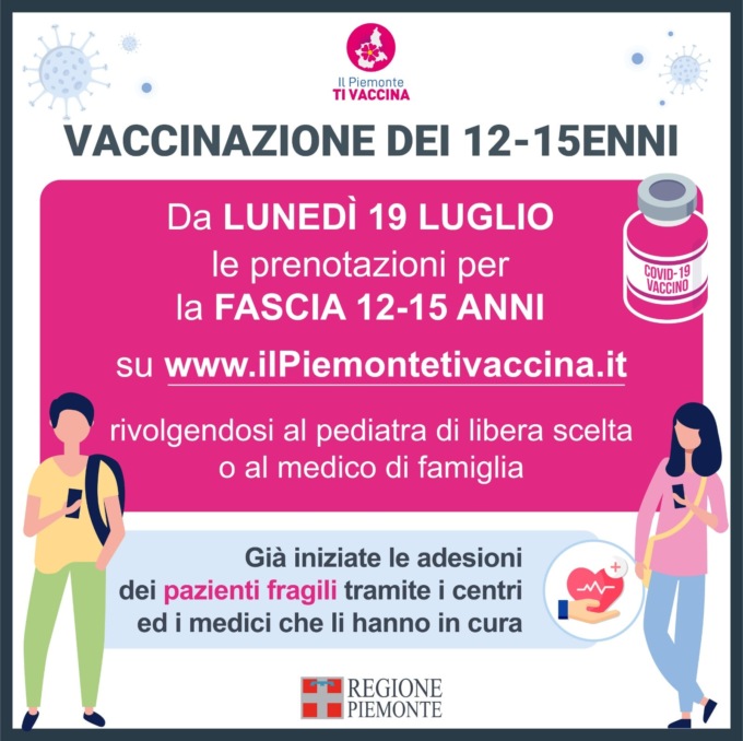 Piemonte: al via preadesioni per  vaccinazione 12-15enni non fragili