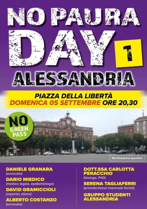 No Paura Day, manifestazione no Green Pass domani ad Alessandria