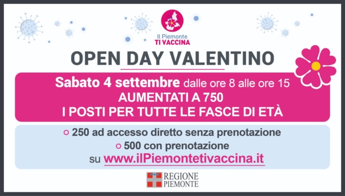 Torino: open day Valentino, arrivano a 1000 i posti a disposizione per i vaccini