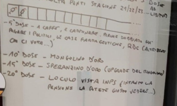Cartello No Vax deride la campagna vaccinale: “Al decimo vaccino vinci il mongolino d’oro”