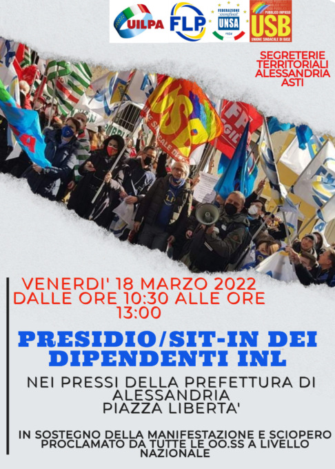 Ispettorato del lavoro Asti-Alessandria: indetta manifestazione pacifica il prossimo 18 Marzo