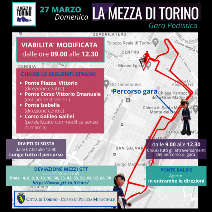 Torino: il 27 marzo modifiche viabili nella zona est per la gara podistica “La Mezza di Torino”