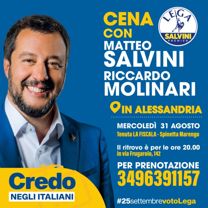Matteo Salvini mercoledì ad Arona e Alessandria, giovedì alla BCube di Casale Monferrato