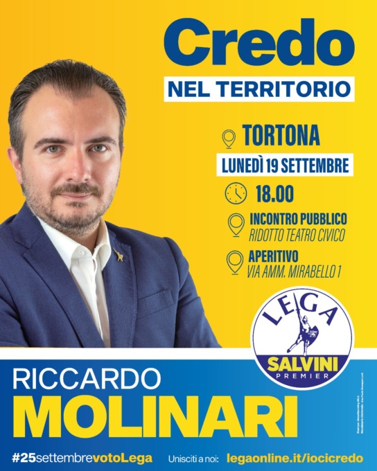 Riccardo Molinari (Lega), lunedì incontro elettorale a Tortona con aperitivo