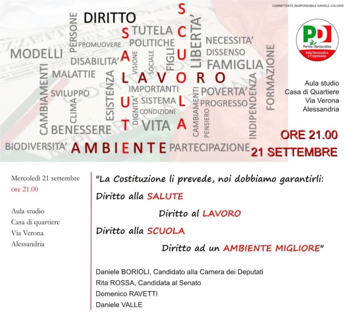 Elezioni 25 settembre: il PD sui valori costituzionali. L’intervento mercoledì 21 settembre alla Casa di quartiere