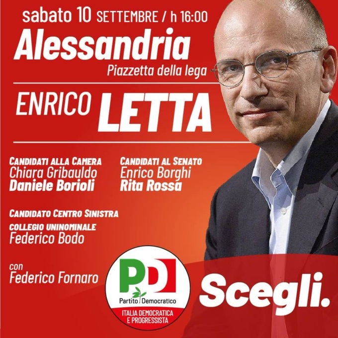 Elezioni politiche: sabato 10 il segretario del Pd Enrico Letta ad Alessandria