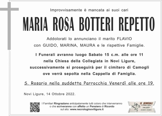Novi Ligure: addio a Maria Rosa Botteri, moglie del cavaliere Flavio Repetto