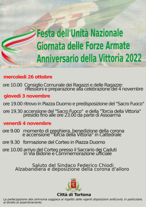 Festa dell’Unità Nazionale e la Giornata delle Forze Armate, Tortona organizza diversi appuntamenti