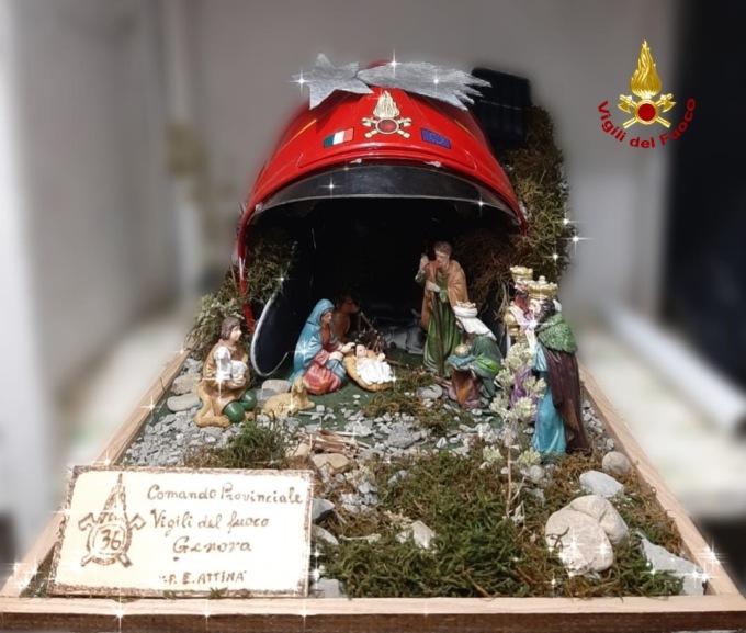 Donato il presepe dei Vigili del Fuoco al Santuario della Madonna della Guardia, a Genova