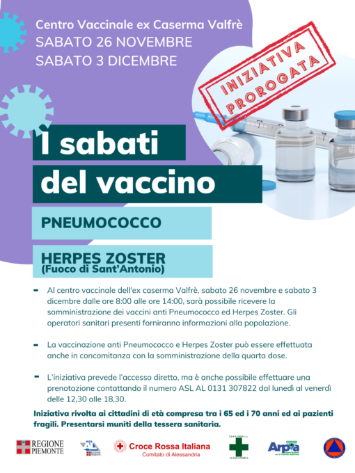 Alessandria, domani chiusura dei centri vaccinali e proroga delle vaccinazioni contro Herpes Zoster e Pneumococco