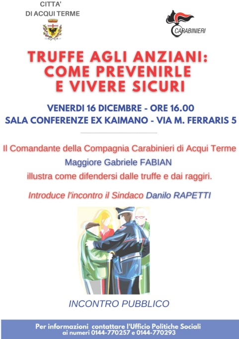 Truffe agli anziani, ad Acqui Terme un incontro con i Carabinieri per vivere sicuri