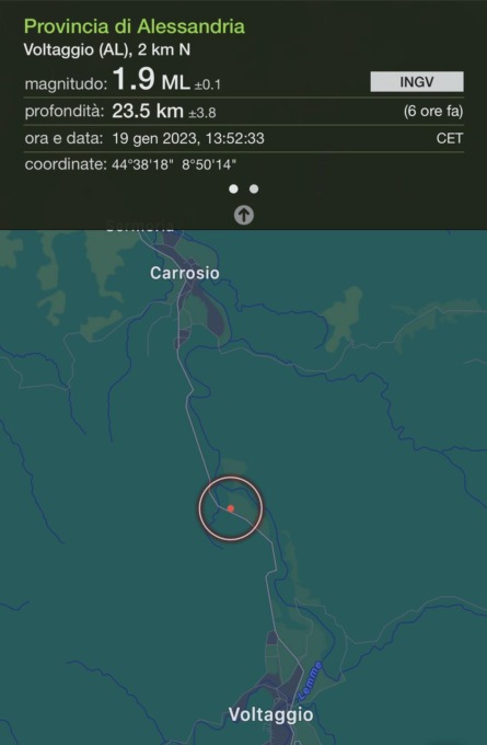 Voltaggio, avvertita scossa di terremoto di magnitudo ML 1.9 