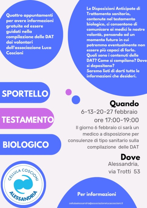 Cellula Coscioni: dal 6 febbraio riparte lo Sportello informativo sul biotestamento