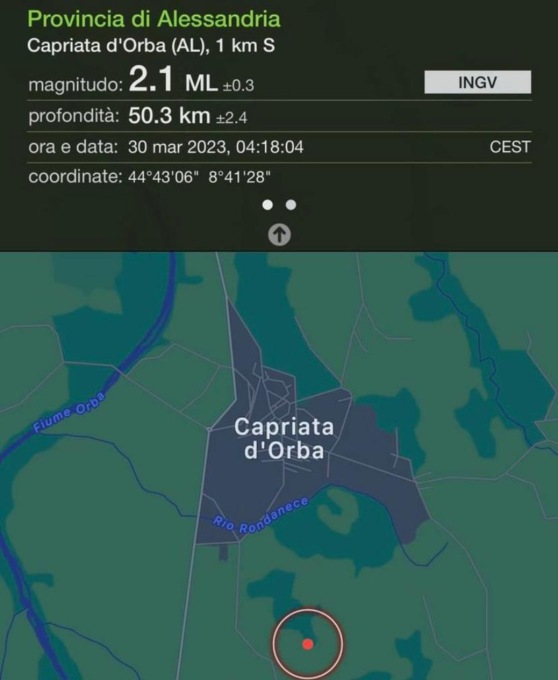 Un’altra lieve scossa di terremoto in provincia di Alessandria, a Capriata d’Orba