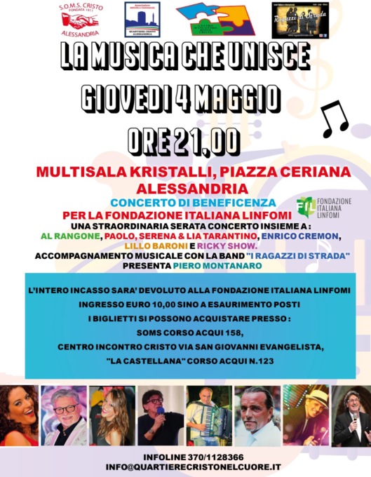 “La musica che unisce”, al Quartiere Cristo tanti artisti Alessandrini per la Fondazione Italiana Linfomi