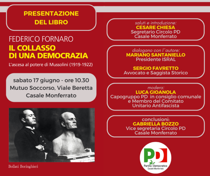 Casale Monferrato, presentazione del libro “Il collasso di una democrazia” dell’on. Federico Fornaro