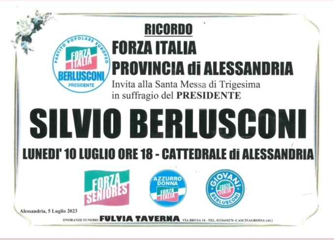 Alessandria, domani in Duomo Forza Italia organizza messa per Silvio Berlusconi