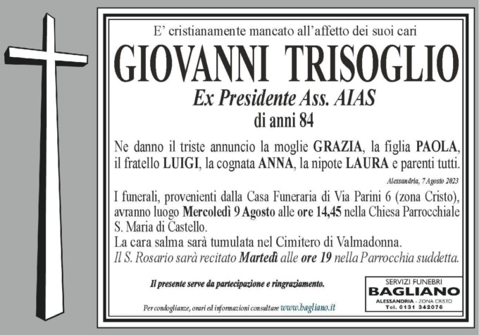 Alessandria, è mancato Giovanni Trisoglio, ex presidente dell’AIAS