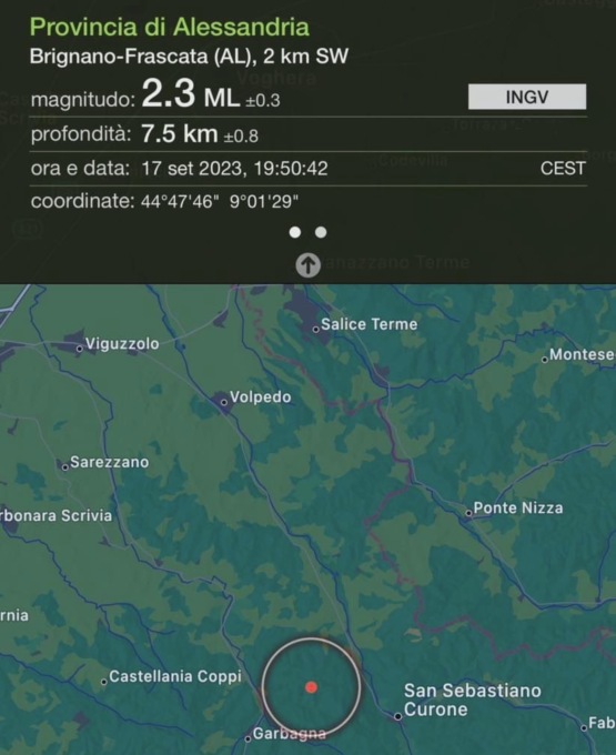 Provincia di Alessandria, lieve scossa di terremoto con magnitudo 2.3ML